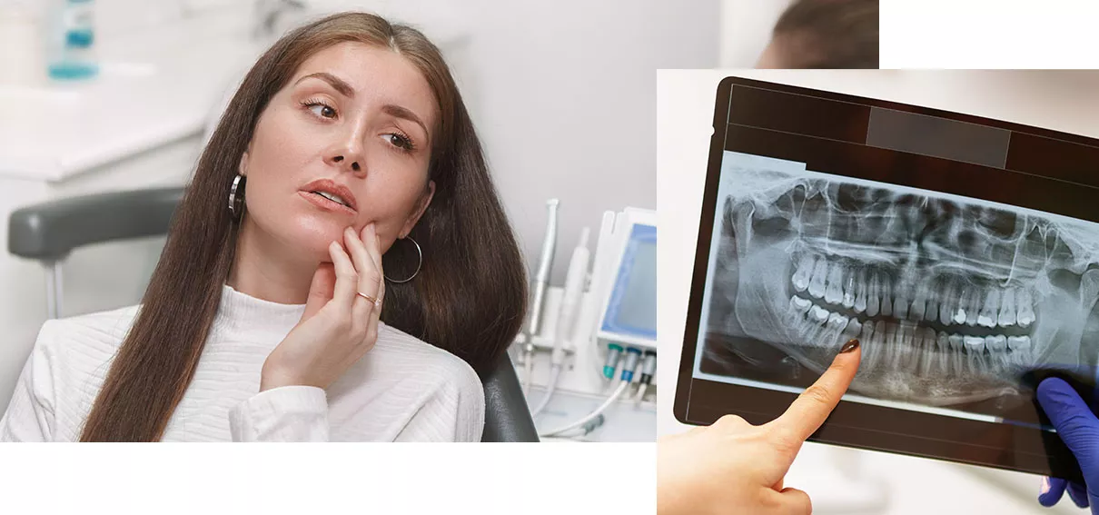 Woman in pain holding face. Inset of photo showing fingers pointing at X-Ray.